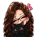 A girl with brown hair and glasses happily hugging a small black cat with pink hearts floating nearby.
