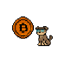 A pixelated dog wearing glasses sits next to an orange coin that rotates through different angles.