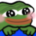 A green frog with large sparkling eyes and pink blushing cheeks looking forward with a gentle smile.