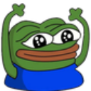 A green frog character with large eyes and a wide smile, holding both arms up in a celebratory gesture.
