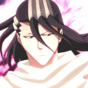 Byakuya Kuchiki with a serious expression surrounded by swirling purple magical energy.