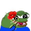 Peepo the frog holding a red poppy flower with a gentle expression.