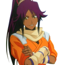 Yoruichi Shihouin with purple hair and orange clothing smirks with her arms crossed.