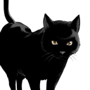 Black cat with glowing amber eyes emerging from a dark background.