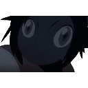 Anime character with large, wide eyes staring intensely from a dark background.