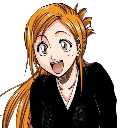 Anime girl with orange hair smiling broadly with a joyful expression.