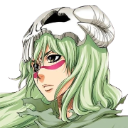 Neliel with green hair and a skull mask looking intensely to the side.