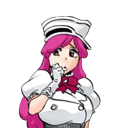 Anime girl with pink hair and a white uniform touching her chin while looking confused.