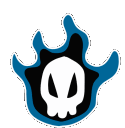 Four white skulls with black eye sockets surrounded by blue flames arranged in a horizontal row.