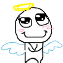 Stick figure character with a yellow halo and blue wings wearing a smug expression with blushing cheeks.