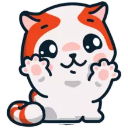 Marsey the cat with orange and white fur smiling widely with both paws raised in the air.