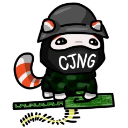 Marsey the cat wearing a military helmet and a black balaclava with CJNG written on it.