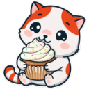 Marsey the cat holding a cupcake with frosting and sprinkles while smiling happily.