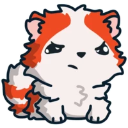 A fluffy white and orange Marsey creature looking annoyed with a skeptical facial expression.