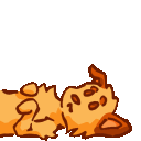 A small golden creature lying on its side with three grey dots floating above its head.