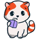 Marsey the cat sitting and sipping from a purple juice box with a calm expression.