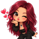 A cute girl with long red hair winking and blowing a kiss with floating red hearts around her.