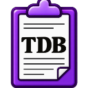 A purple clipboard with a white paper document featuring the black letters TDB.