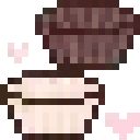 Two empty cupcake liners with small pink hearts floating around them in a pixel art style.