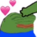 A green frog character with a content expression being patted on the head by a hand with pink hearts floating nearby.