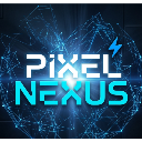 Pixel Nexus text logo glowing against a dark blue digital network background with a lightning bolt icon.