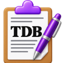 A brown clipboard with the letters TDB written on the paper and a purple pen resting against it.