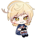 A chibi anime character with blonde hair sitting down and wearing a smug, mischievous grin.