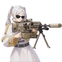 An anime girl with white hair and sunglasses holding a large machine gun with a bipod.