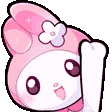 Pink rabbit with a flower on its head waving with a happy expression.