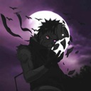 Anime warrior wearing a mask stands in front of a glowing full moon with a purple sky.