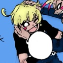 Blonde anime character with a wide, mischievous grin having their hair ruffled by a hand.