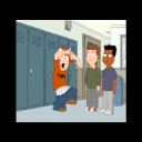 A student in an orange shirt is pulled into a locker by two other characters in a school hallway.