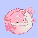 A small pink fox curled up asleep surrounded by pink cherry blossom petals.