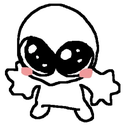 A small white creature with large black eyes and pink cheeks reaching out with open arms.