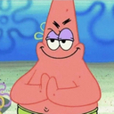 Patrick Star with a smug, mischievous expression and his hands clasped together.