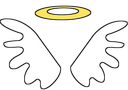 White angel wings with a golden halo floating above them.