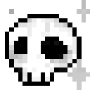 Two pixelated skulls with hollow black eyes and sparkling accents around them.