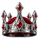 A detailed silver crown featuring multiple red diamond-shaped gemstones.
