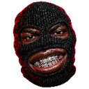 Person wearing a black balaclava and a silver grill on their teeth, smiling with a mischievous expression.