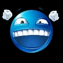 Blue circular face with wide eyes and a massive grin, waving two white hands in the air.