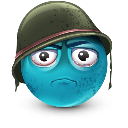 Blue round character with a tired expression wearing a military helmet.