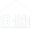 The word WEIRD in white block letters sits under a white triangular roof shape against a black background.