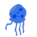 Four pixelated jellyfish creatures in blue and green colors floating in a row.
