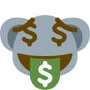 A gray circular character with dollar signs for eyes and a green dollar bill hanging from its mouth.