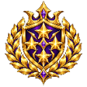 A golden shield emblem featuring four stars and a purple center, surrounded by a laurel wreath in pixel art style.