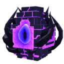 A dark, blocky cube with glowing purple lines and a swirling blue eye in the center.
