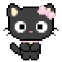 A small pixel art black cat with wide eyes and a pink bow on its head.