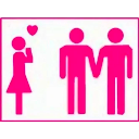 A pink minimalist graphic showing a lone figure on the left and a couple holding hands on the right with a heart icon above.