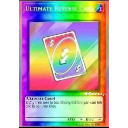 A rainbow-colored Uno reverse card designed to look like a Yu-Gi-Oh! trading card.
