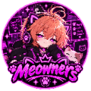 Anime character with orange hair and cat-ear headphones posing in front of a purple background with the text Meowners below.